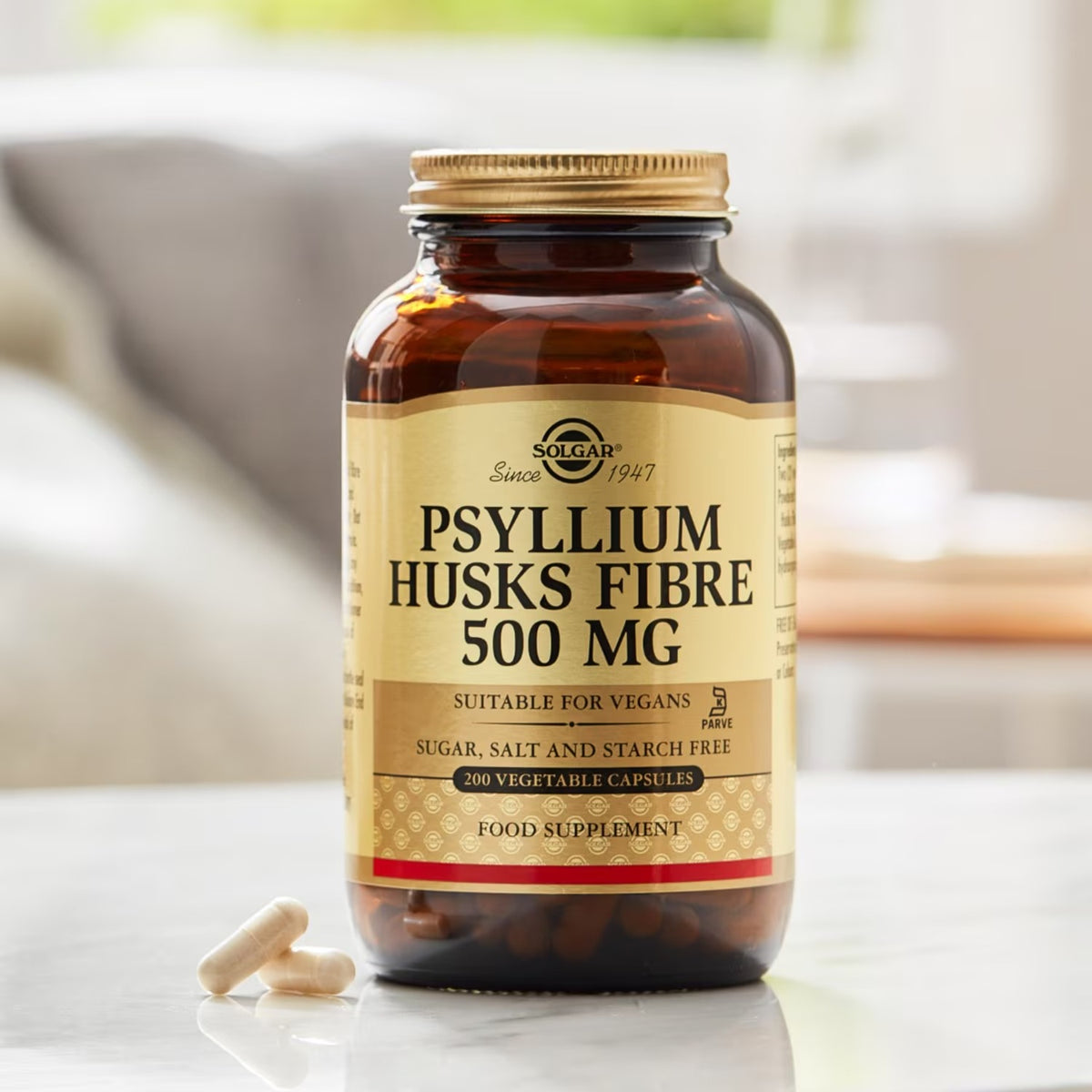 Solgar Psyllium Fibra de Cáscara 500 mg 200 Cápsulas Vegetales en uso
