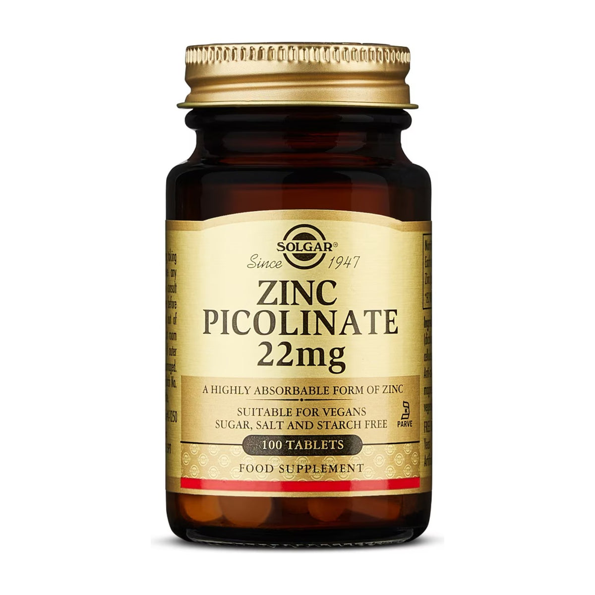 Solgar Picolinato de Zinc 22 mg 100 Comprimidos frontal