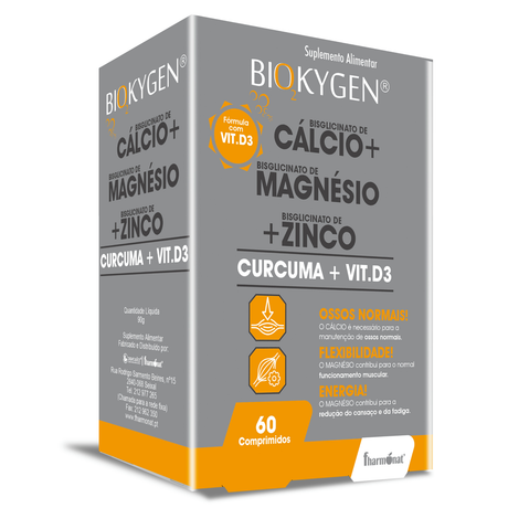 Biokygen Bisglicinato de Cálcio + Bisglicinato de Magnésio + Bisglicinato de Zinco + CURCUMA+ Vitamina D3 60 comprimidos