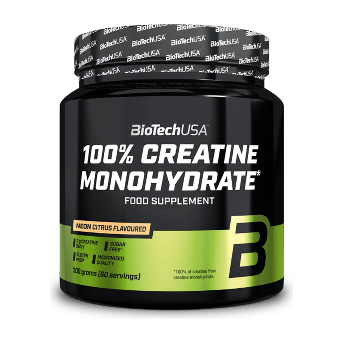 Biotech USA 100% Creatine Monohydrate 300g con Sabor Cítrico Neón frontal